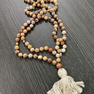 Neutral Multitone Beaded Tassel Necklace with Cream Tassel